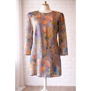 Vintage Silk Farm 100% Silk Blouse Top Womens 12 Floral Sheer Shoulder Pads Boho